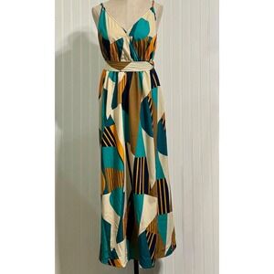CUPSHE Large Geometric Abstract Maxi Dress Wrap V-Neck Teal Mustard Boho L